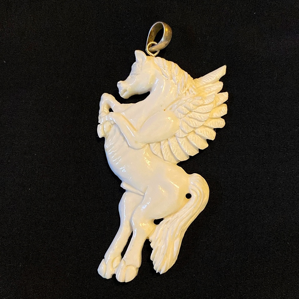 Flying Horse Pendant Bone Carved 925 SILVER